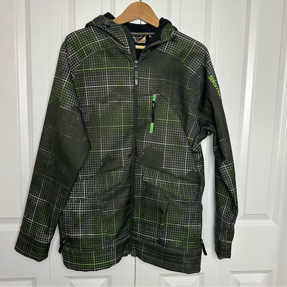 Salomon Women's Lightweight Hooded Ski Jacket greens and white print Size Large